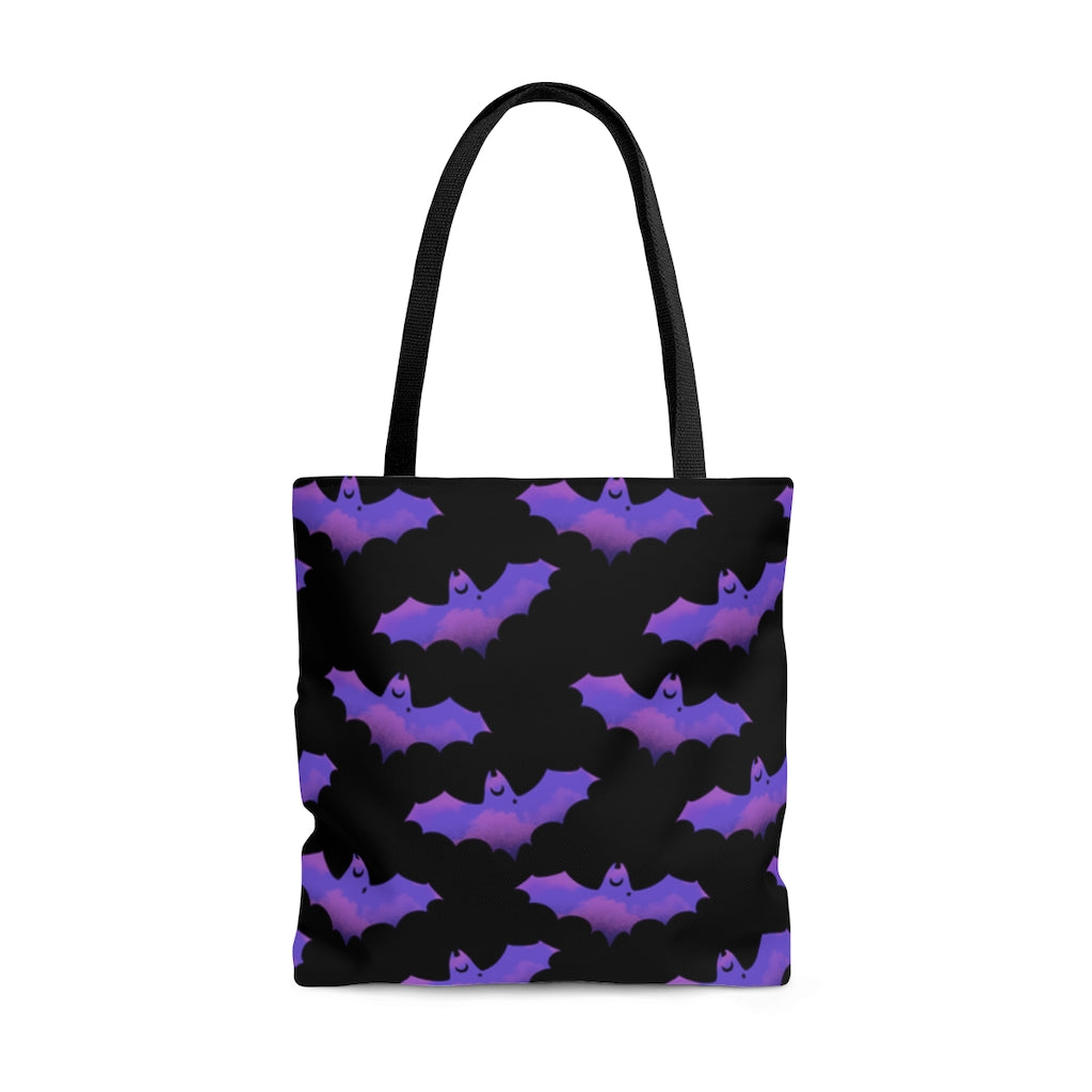 Stylish Morrigan Tote Bag (Purple/Black) featuring a unique bat design, perfect for daily outfits or night outings.
