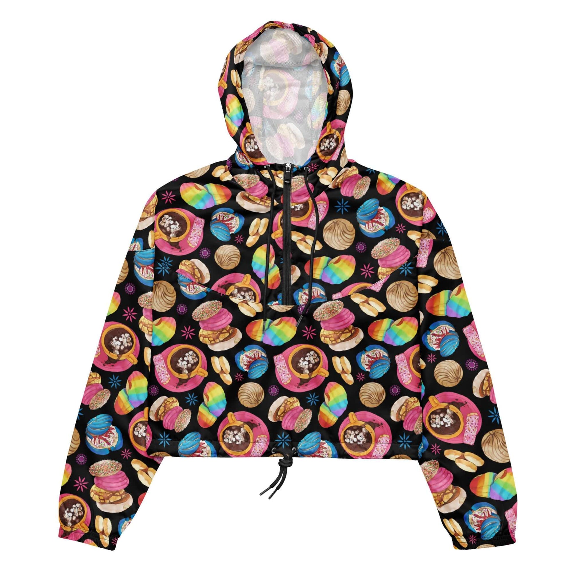 Stay stylish on your adventures with the Pan Dulce cropped windbreaker, featuring a fun, vibrant design and waterproof fabric.