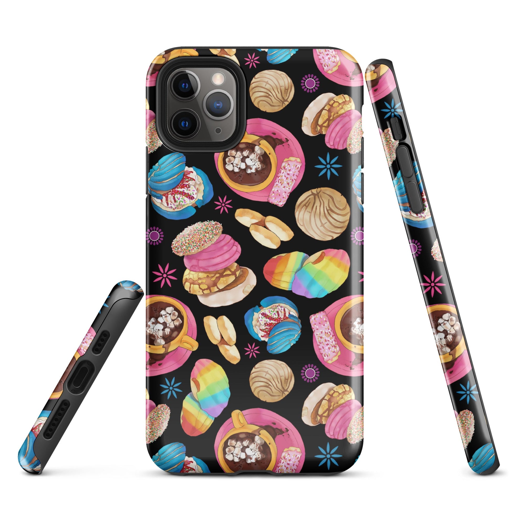 Stylish Pan Dulce iPhone® Tough Case featuring colorful desserts, offering durable, dual-layer protection for your phone.