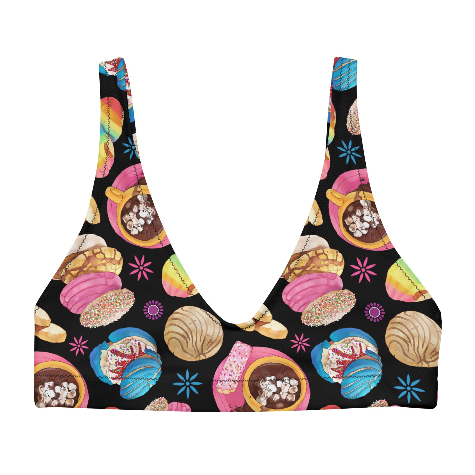 Bright and colorful Pan Dulce Padded Bikini Top, featuring a delightful pastry print for a fun beach look.