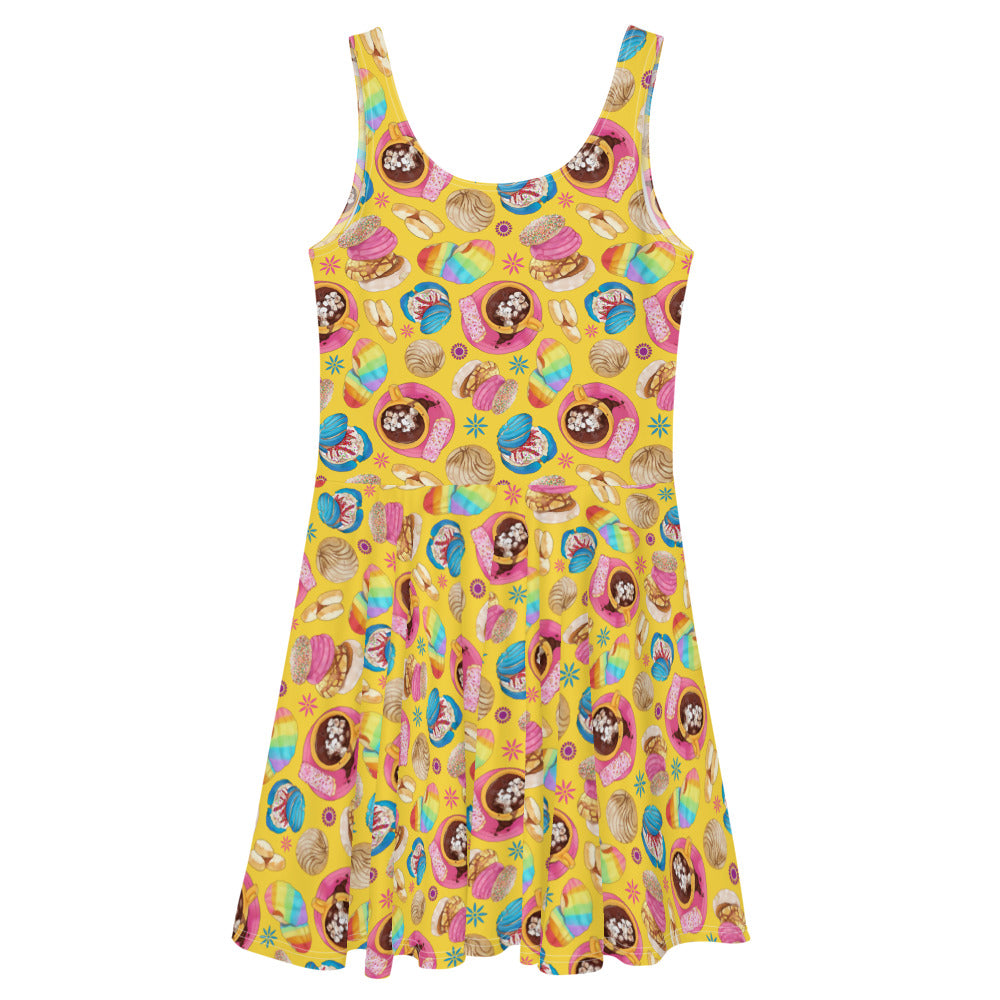 Bright and playful Pan Dulce Skater Dress featuring colorful baked goods, perfect for sweetening up any occasion.