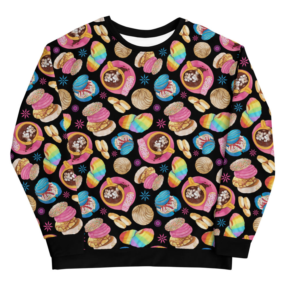 Bright and colorful Pan Dulce Sweatshirt featuring a delightful baked goods pattern, perfect for sweetening your style.