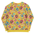 Bright yellow Pan Dulce Sweatshirt adorned with colorful baked goods, perfect for a cozy, sweet style.