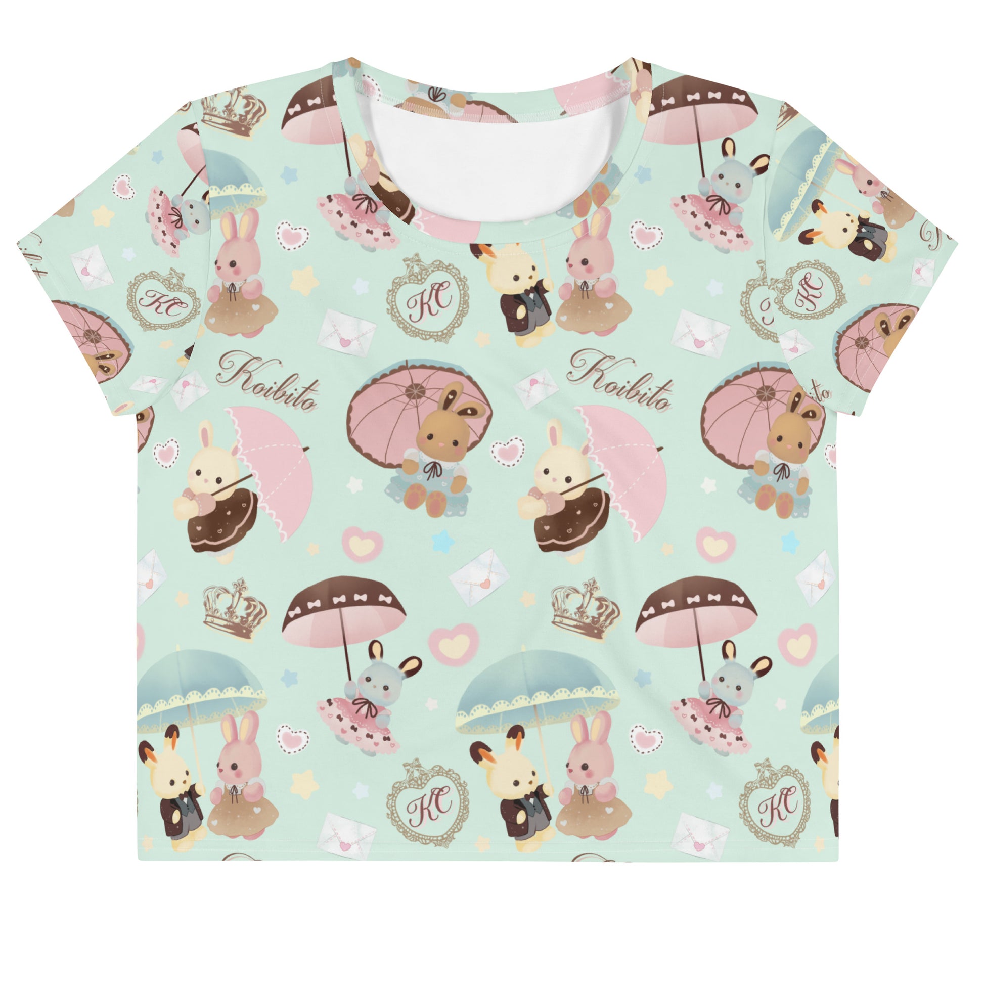 Brighten your spring wardrobe with the Parasol Bunny Crop Top, featuring adorable bunnies and pastel colors.