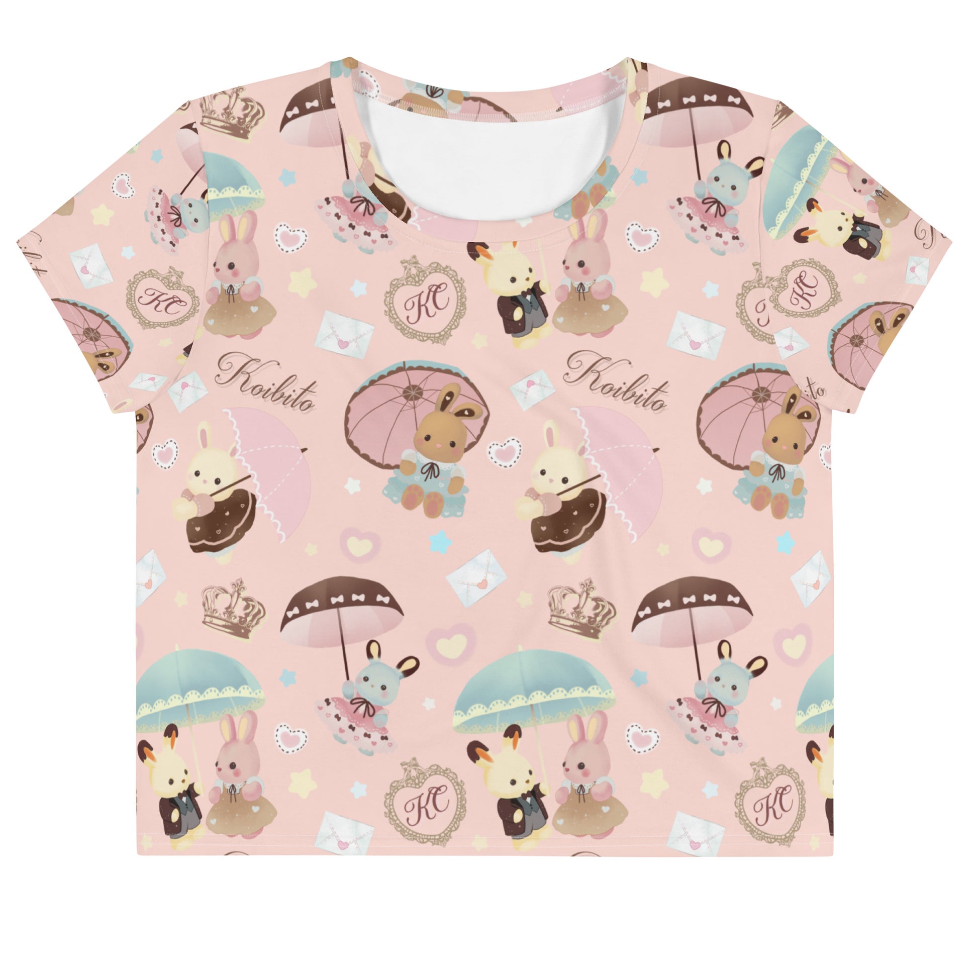 Kawaii Parasol Bunny Crop Top featuring adorable bunnies and umbrellas, perfect for spring tea parties by Koibito.