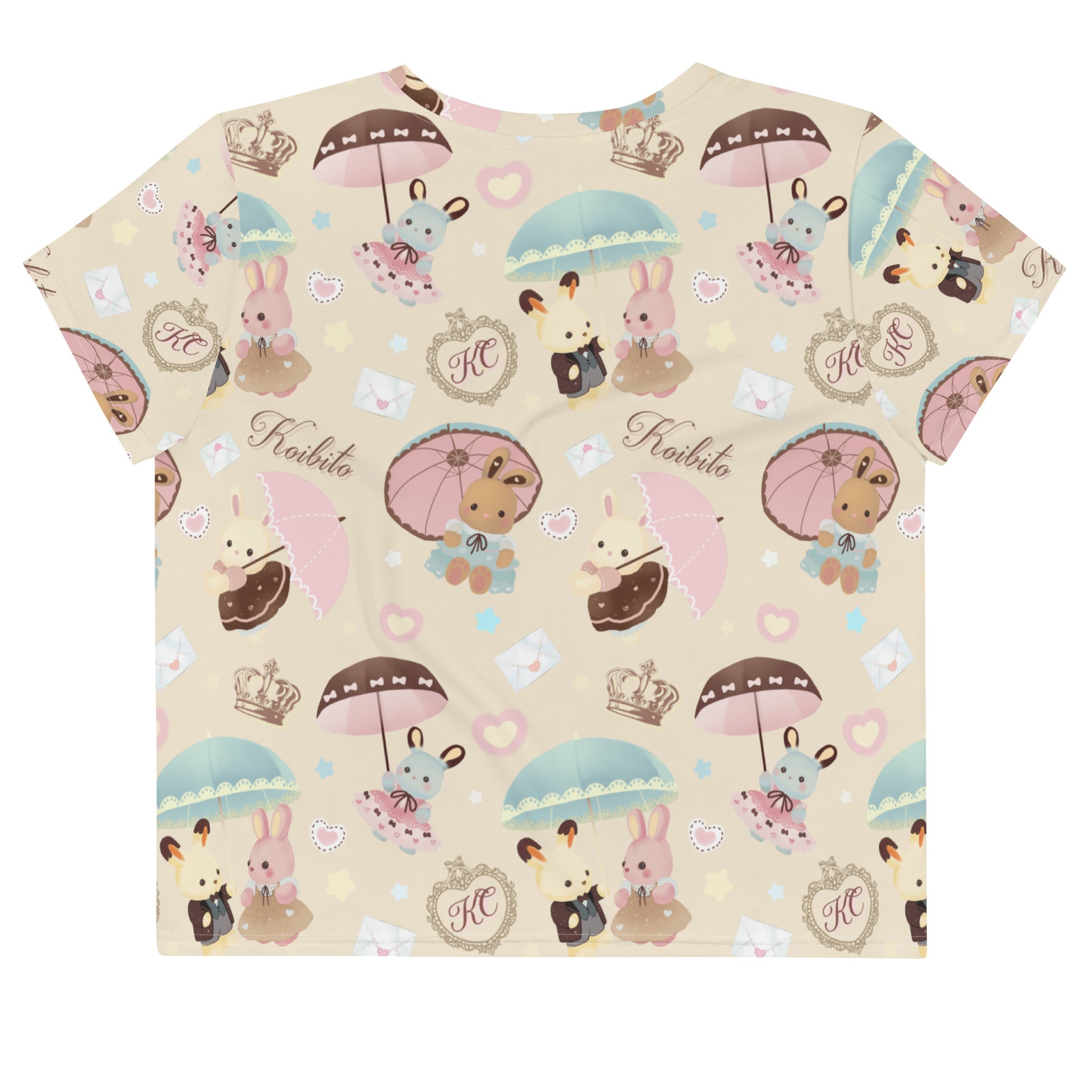 Brighten your spring wardrobe with the Parasol Bunny Crop Top, featuring adorable bunnies and umbrellas, perfect for tea parties.