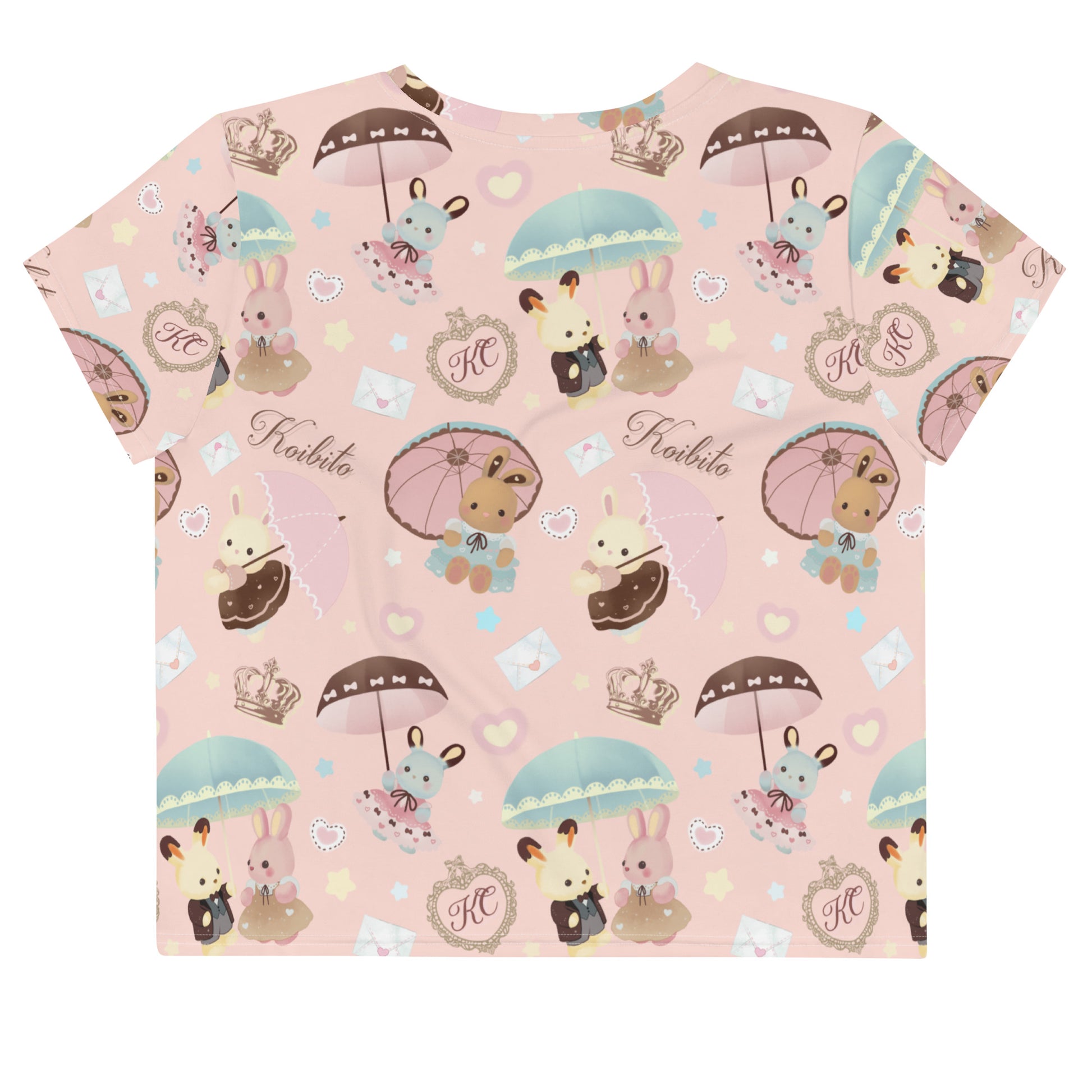 Kawaii Parasol Bunny Crop Top featuring adorable bunnies and umbrellas, perfect for spring tea parties.