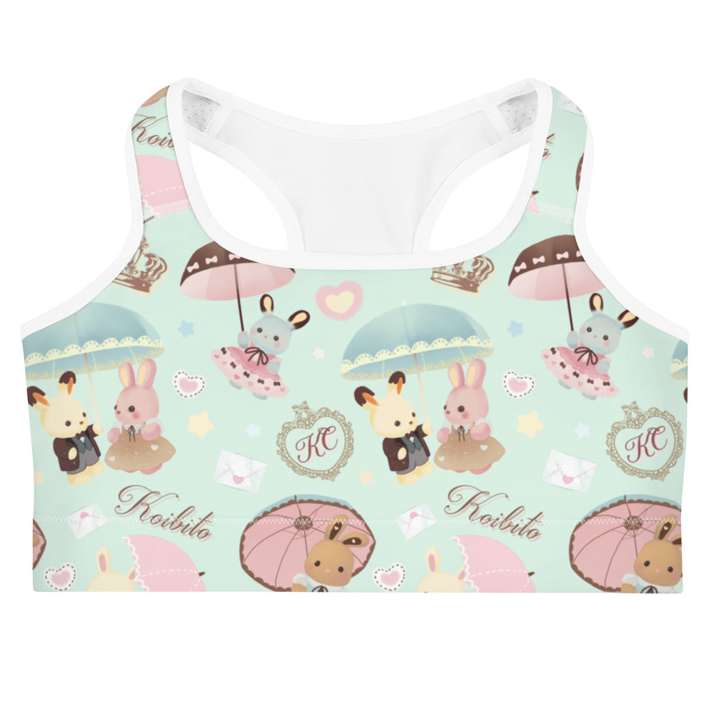 Cute Parasol Bunny Sports bra featuring adorable bunnies, perfect for stylish workouts at Koibito.