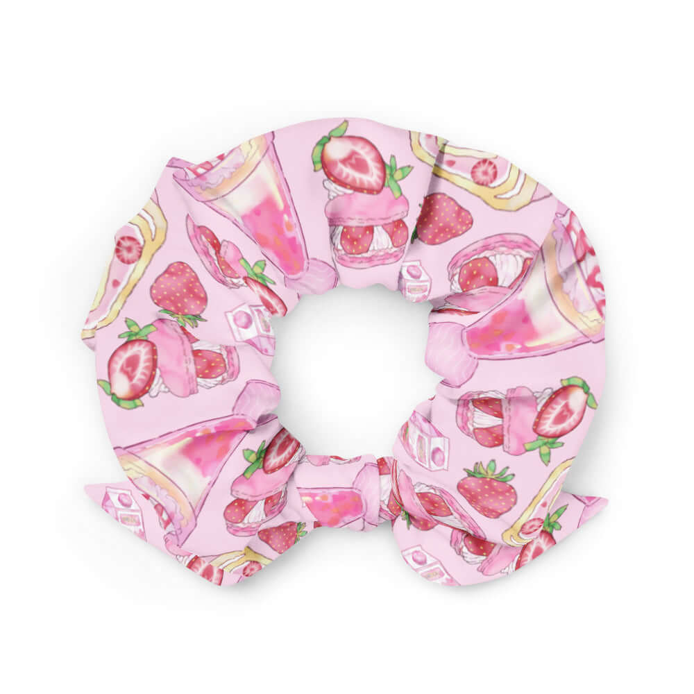 Trendy Strawberry Scrunchie in pink features cute berry patterns, perfect for adding flair to your outfit. Get yours now!