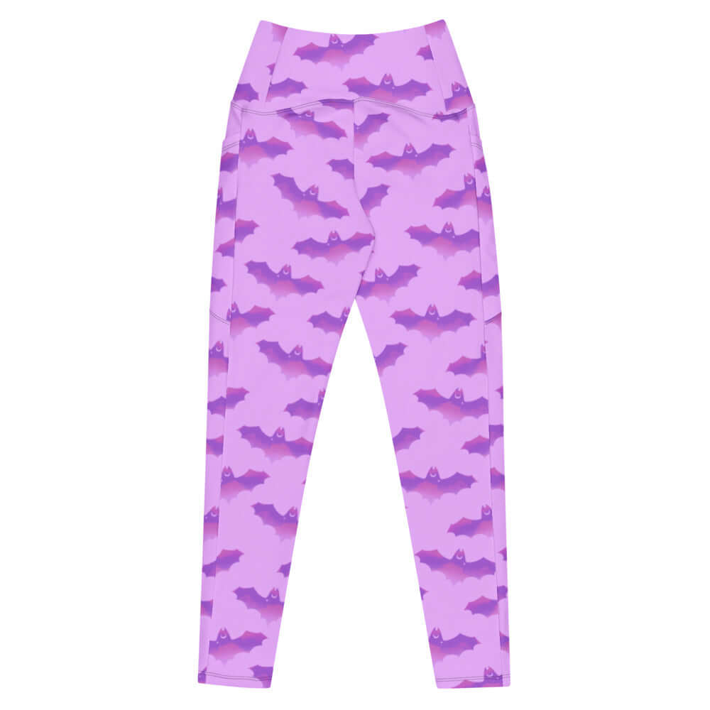 Stylish Premium Aensland Leggings in vibrant purple bat print, designed for comfort and training with handy side pockets.