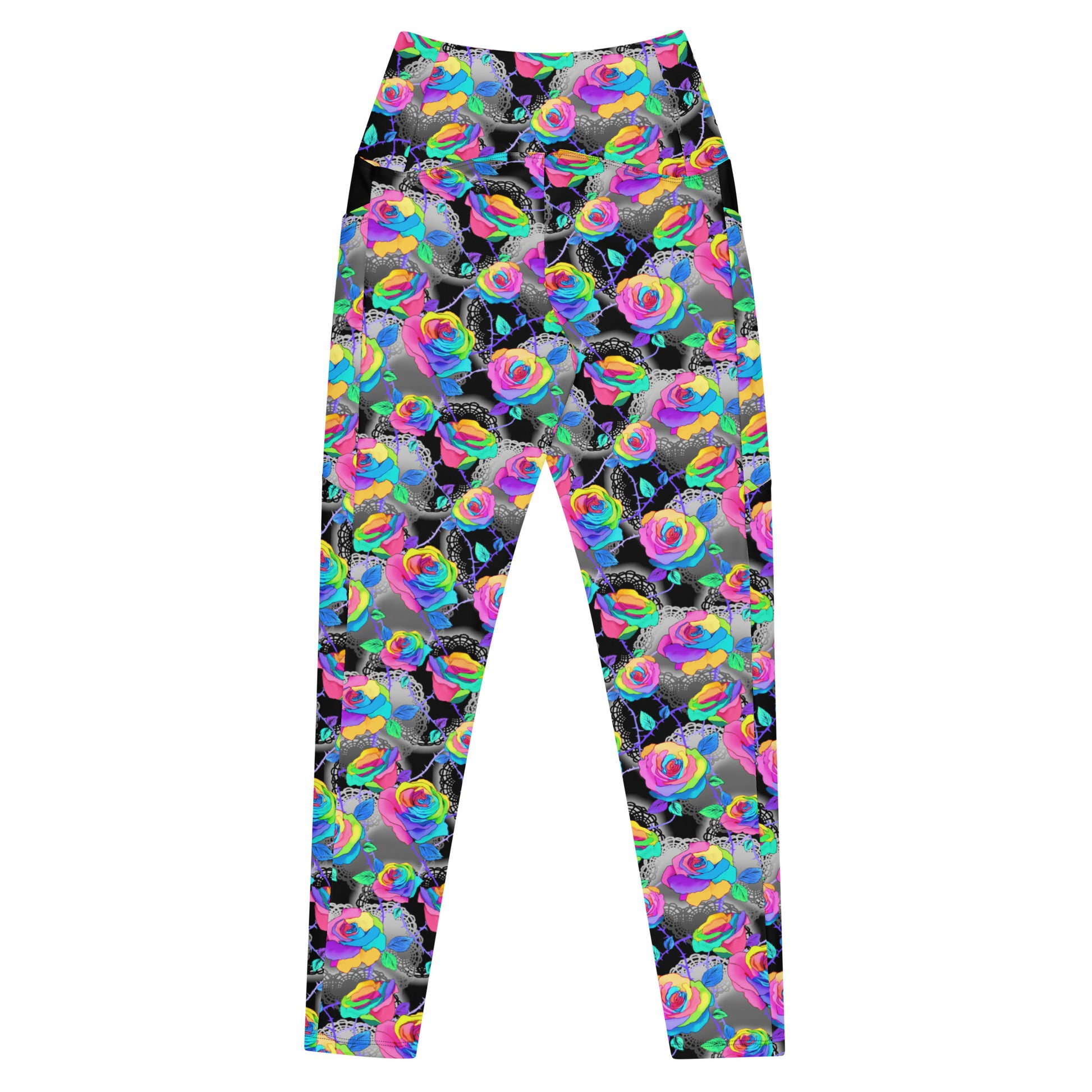 Colorful Premium Enchanted Rose Leggings with high waist and pockets, perfect for comfort and style.