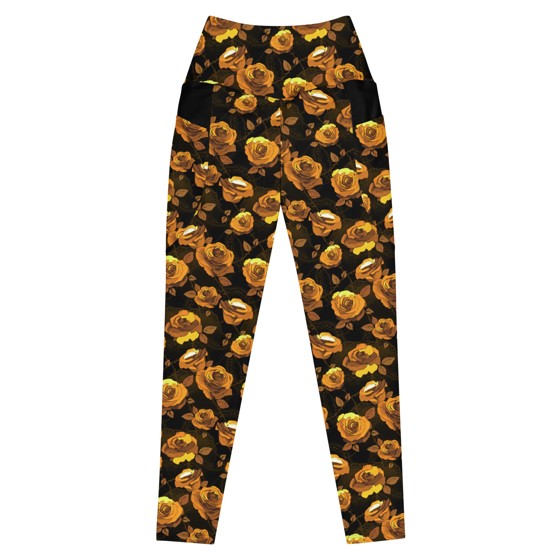 Stylish Premium Enchanted Rose Leggings with a high-waisted cut and pockets, perfect for comfort and elegance.
