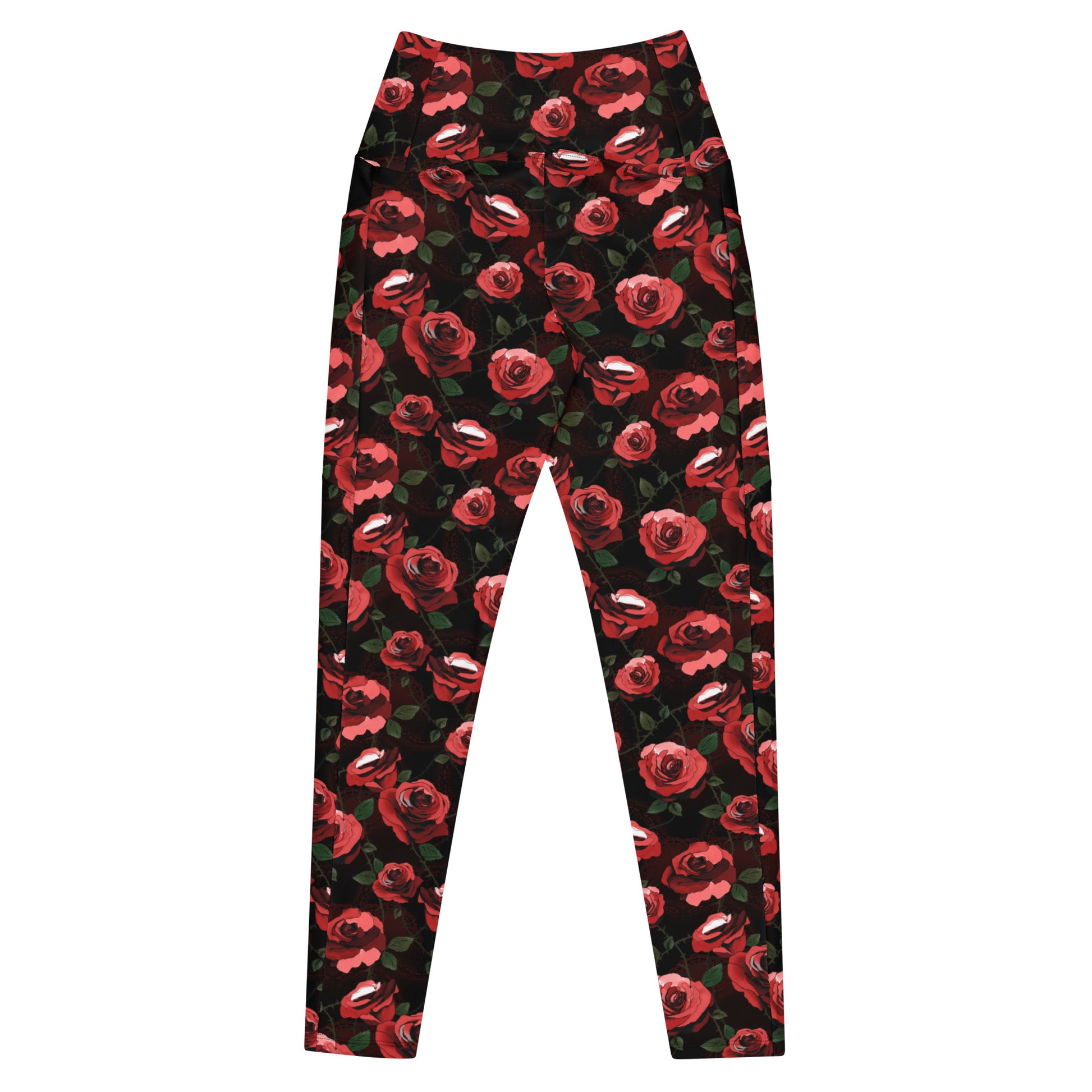 Stylish Premium Enchanted Rose Leggings with a high-waisted cut and pockets, perfect for comfort and elegance.