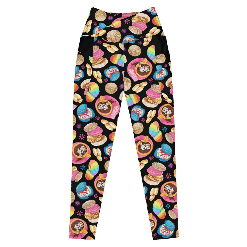 Stylish Premium Pan Dulce Leggings featuring vibrant baked goods design, perfect for workouts or casual outings.