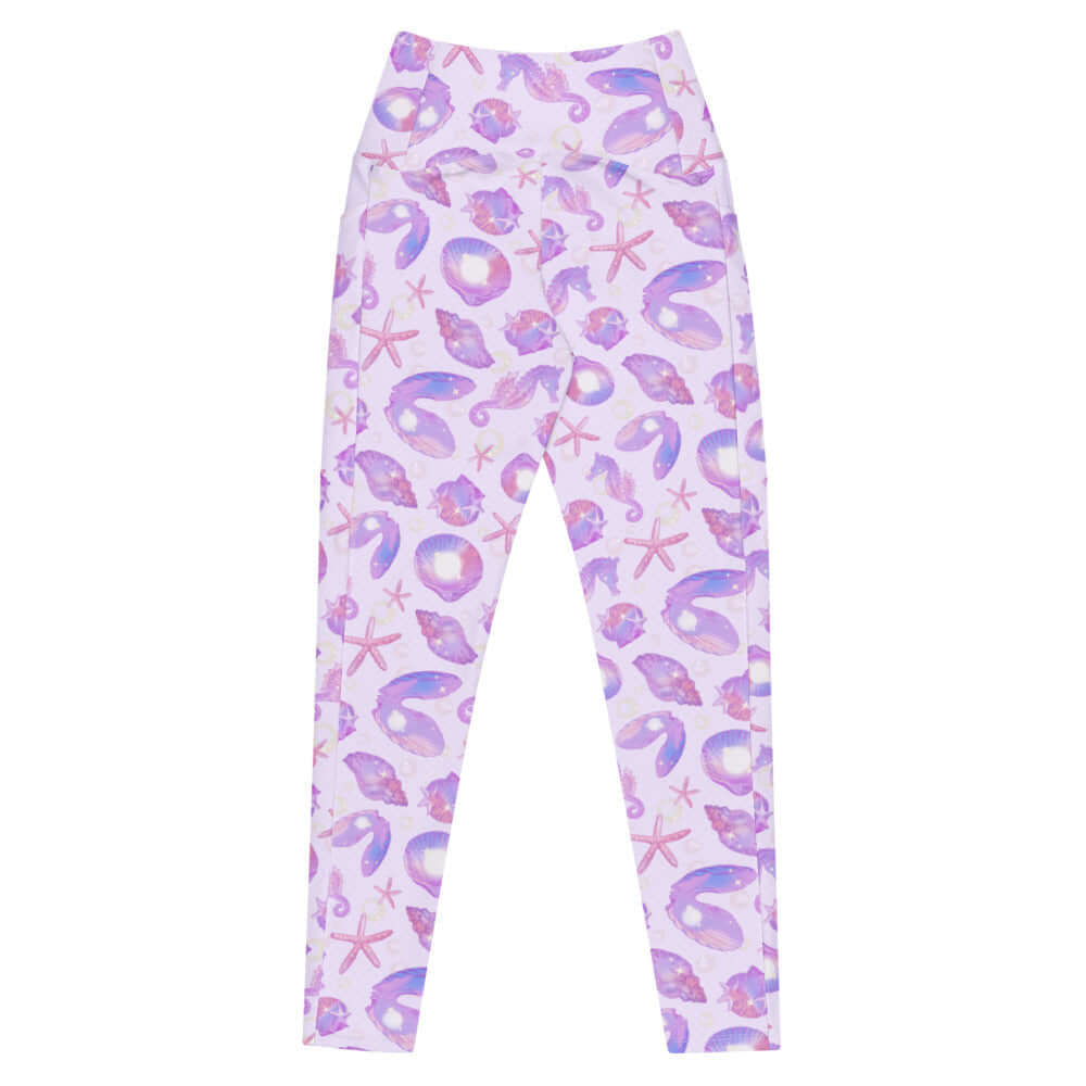 Discover the comfort and style of Premium Sea Princess Leggings, adorned with seashells and sparkles for a mermaid vibe.
