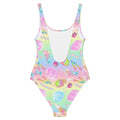 Rainbow Candy One-Piece Swimsuit featuring a fun, colorful dessert print perfect for summer fun and style.