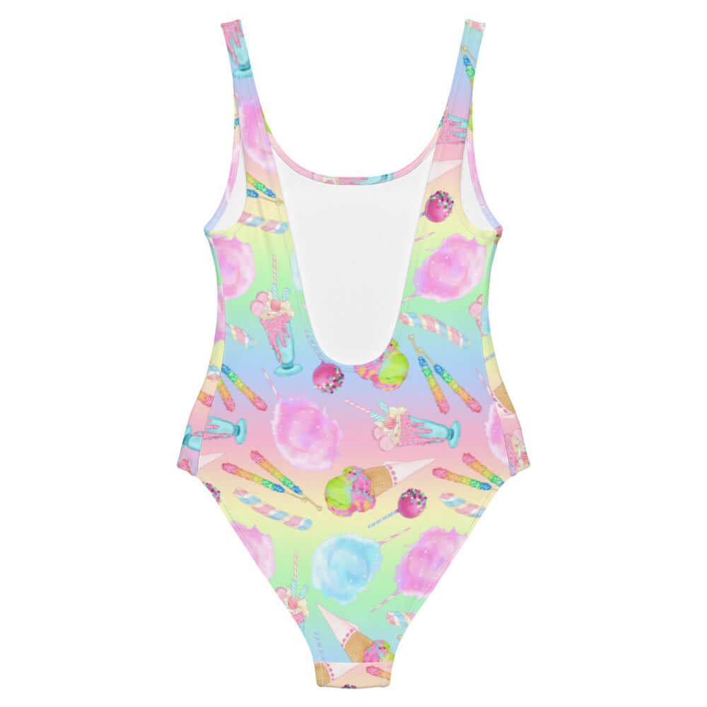 Rainbow Candy One-Piece Swimsuit featuring a fun, colorful dessert print perfect for summer fun and style.