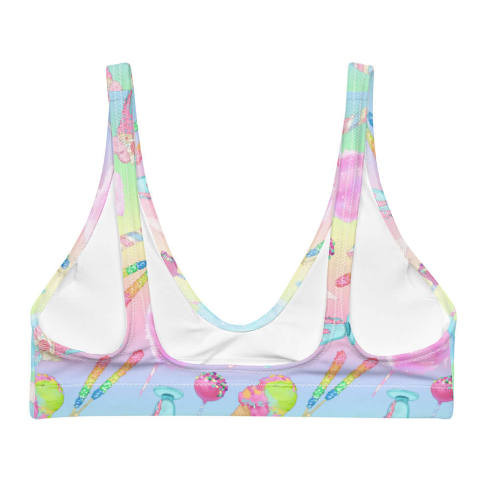 Colorful Rainbow Candy Padded Bikini Top perfect for summer fun, featuring a vibrant ice cream print design.