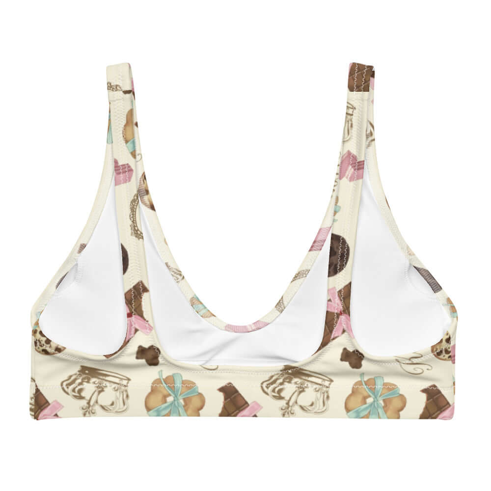 Stylish Royal Cookie Padded Bikini Top featuring a playful chocolate pattern, perfect for summer fun and comfort. 