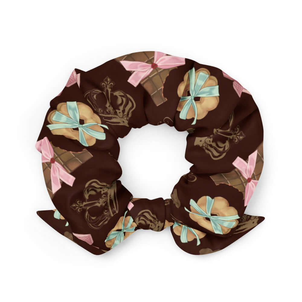 Trendy Royal Cookie Scrunchie featuring chocolate and cookie designs, perfect for stylish outfits.