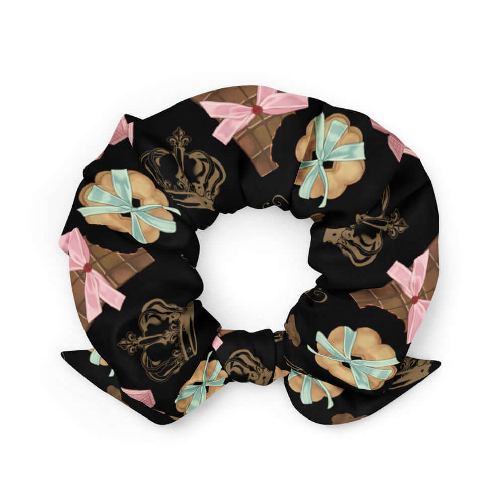 Trendy Royal Cookie Scrunchie featuring chocolate and cookie designs, perfect for any stylish outfit.
