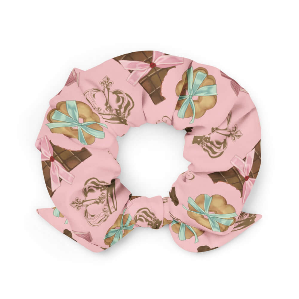 Royal Cookie Scrunchie featuring a playful chocolate and cookie design, perfect for adding flair to your outfit.
