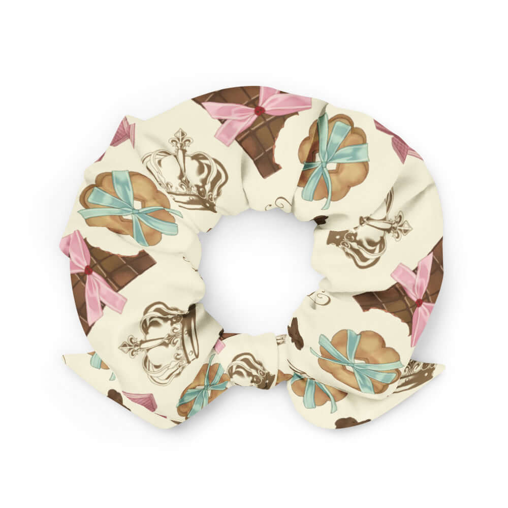 Stylish Royal Cookie Scrunchie featuring chocolate and cookie designs, perfect for a trendy outfit. Get yours today!