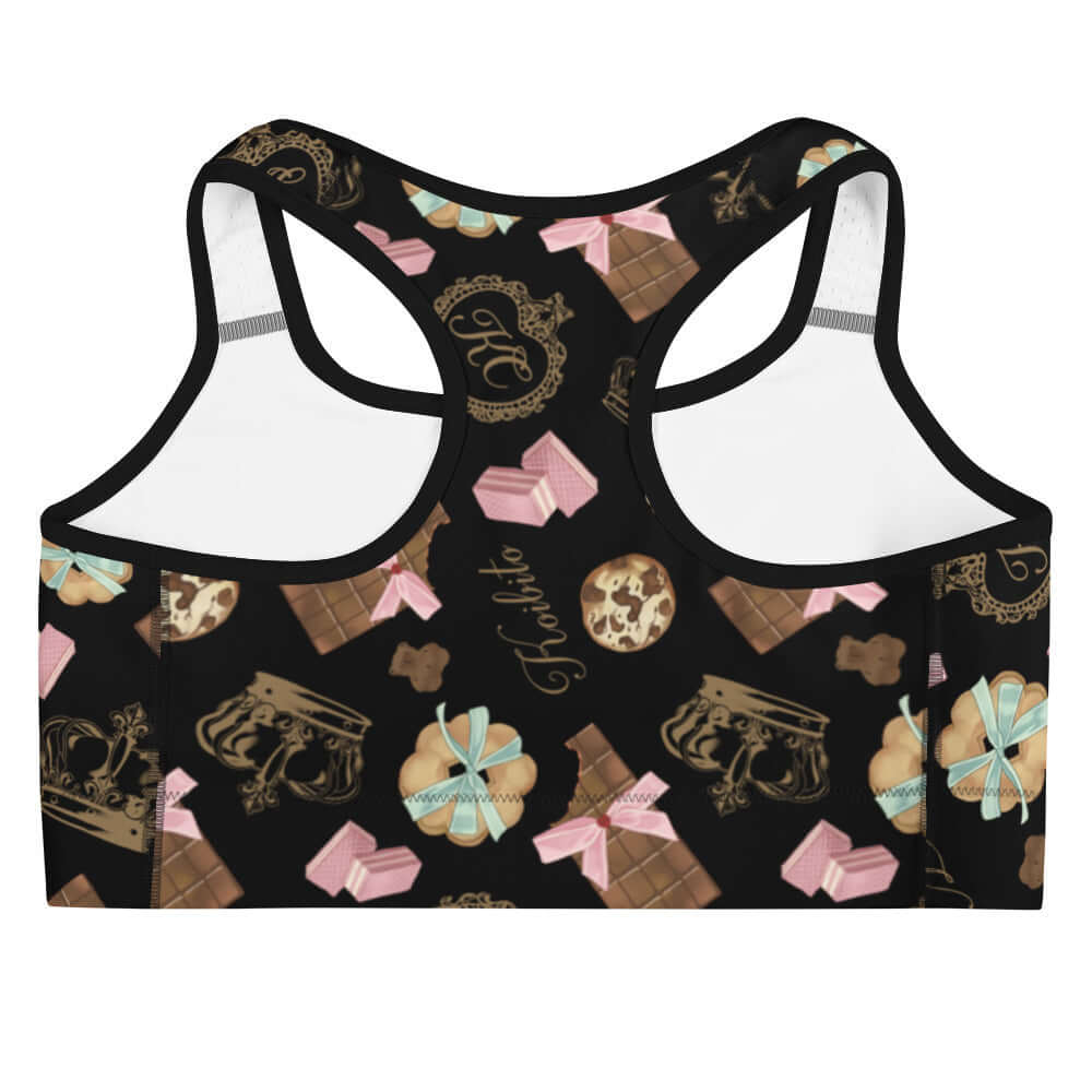 Royal Cookie Sports bra featuring a fun cookie pattern, perfect for stylish workouts and moisture-wicking comfort.