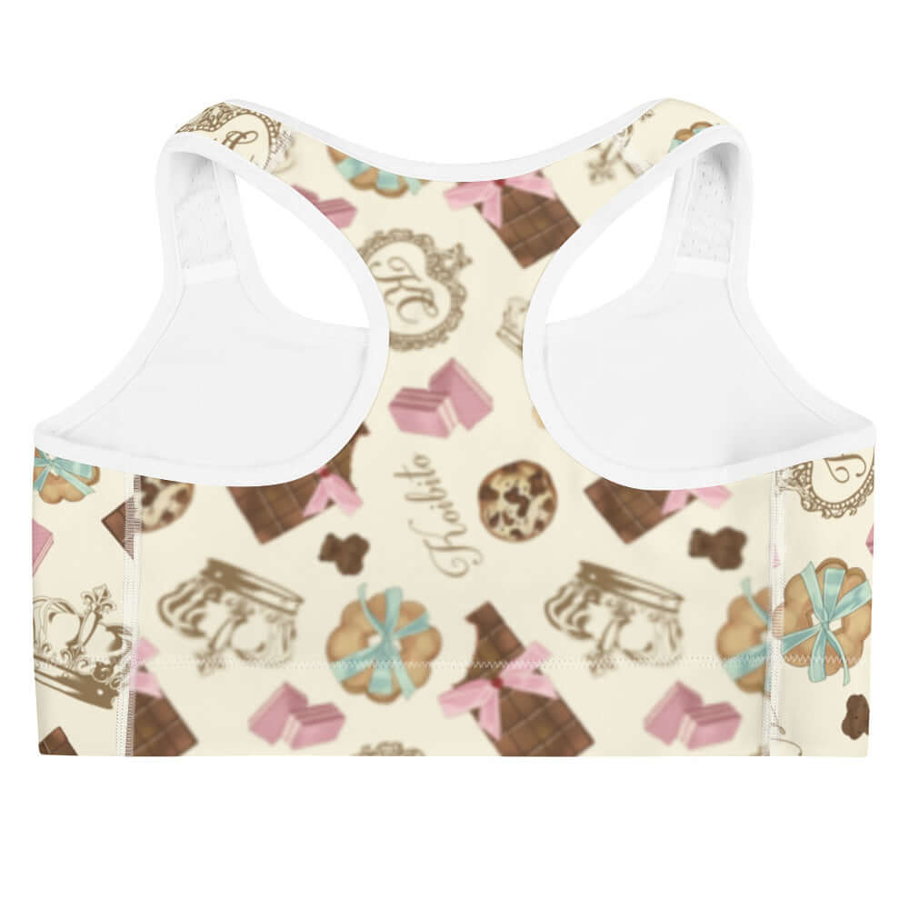 Royal Cookie Sports bra features a fun cookie design, perfect for stylish workouts and moisture-wicking comfort.