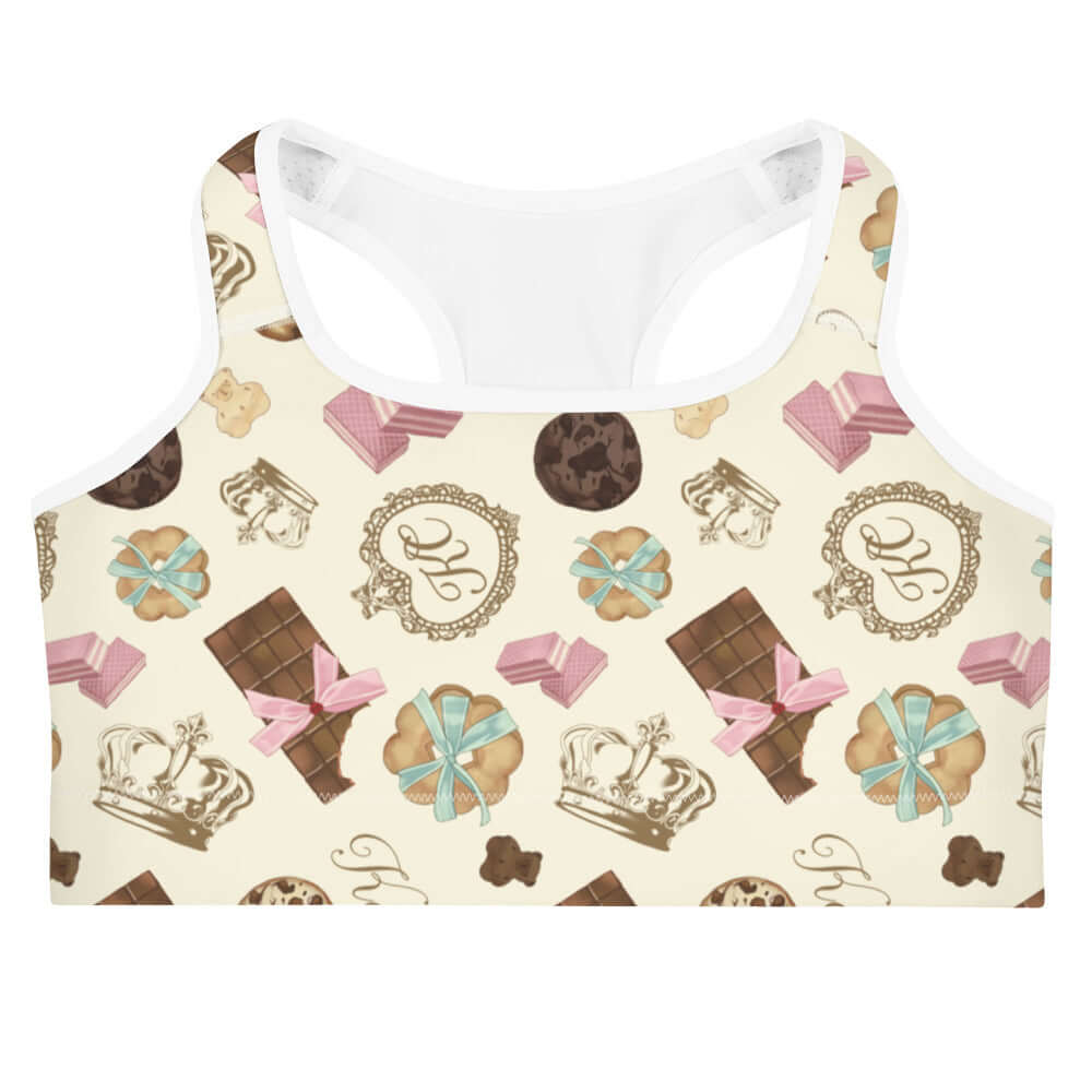 Stylish Royal Cookie Sports bra featuring a fun cookie print, perfect for workouts at Royal Cookie Fitness.