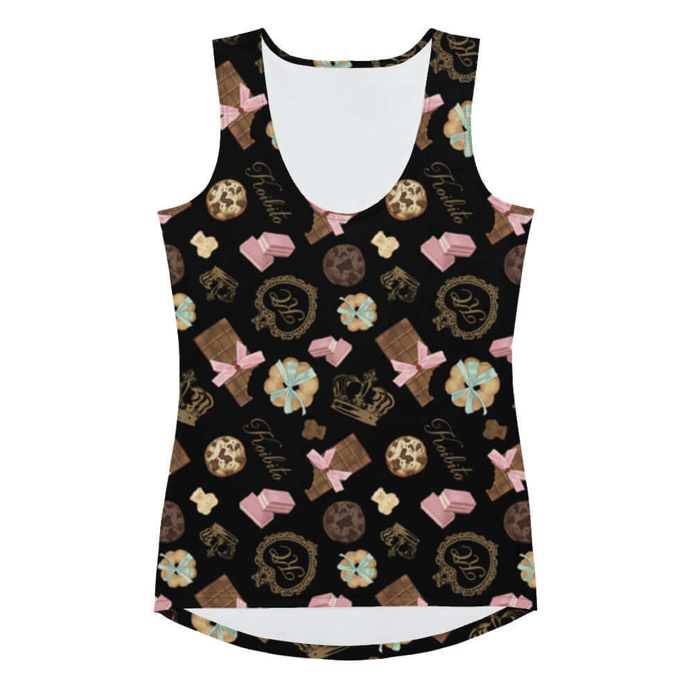 Stylish Royal Cookie Tank Top featuring playful chocolate designs, perfect for a fun, body-hugging fit.