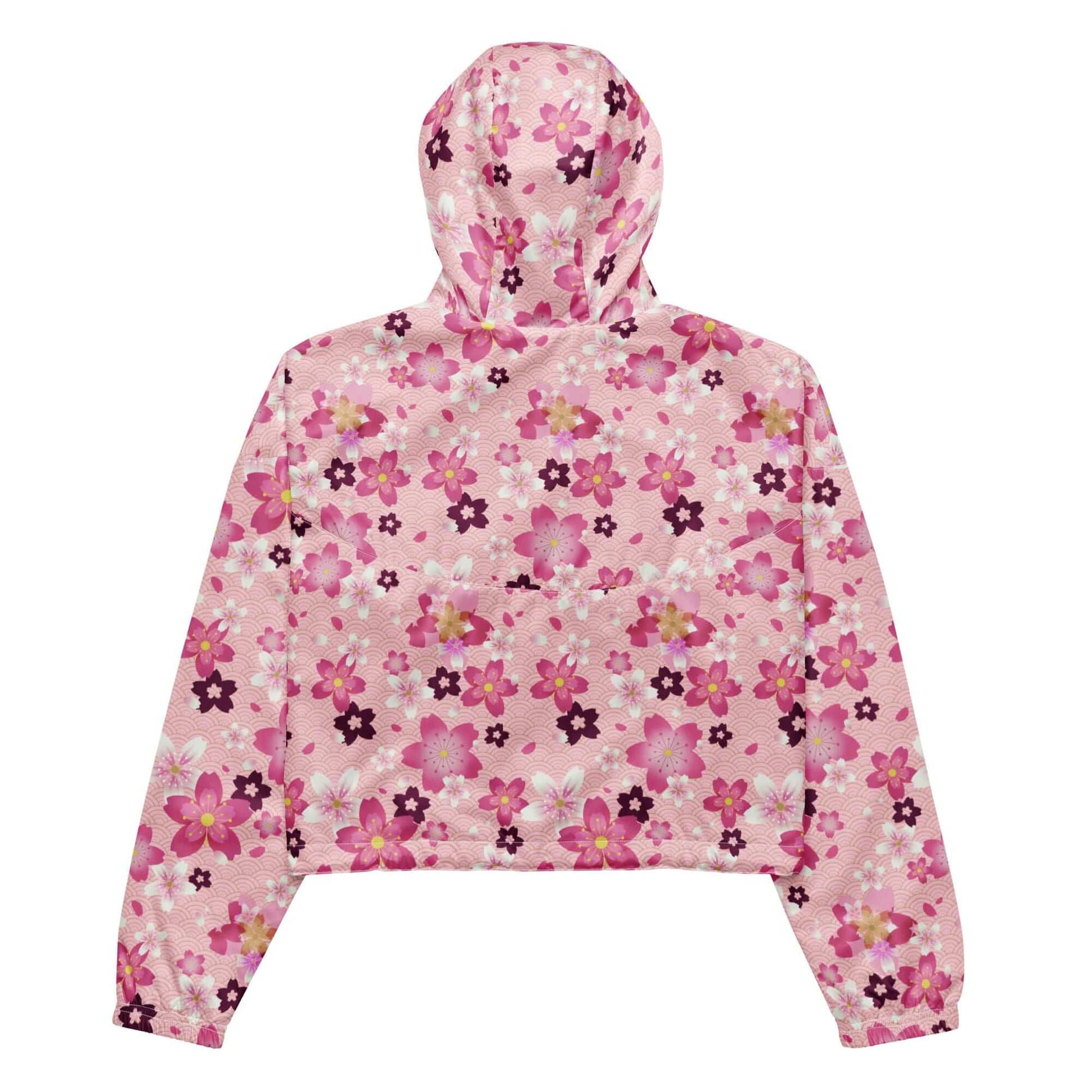 Stylish Sakura cropped windbreaker featuring a floral design, perfect for adventures and rainy hikes.