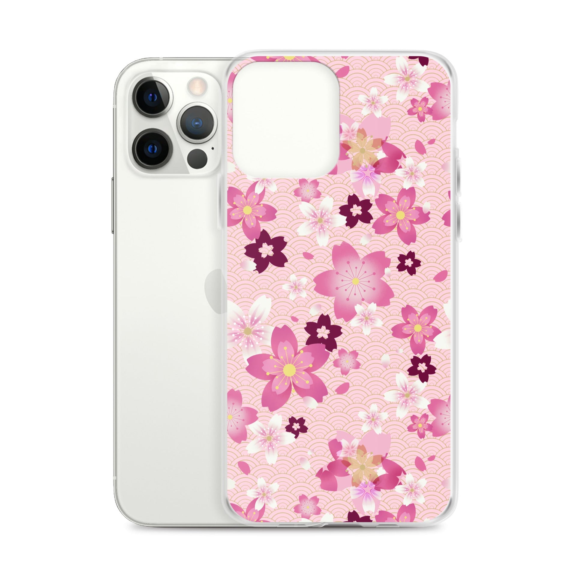 Sakura iPhone® Clear Case featuring a floral design, offering protection from scratches and easy access to ports.