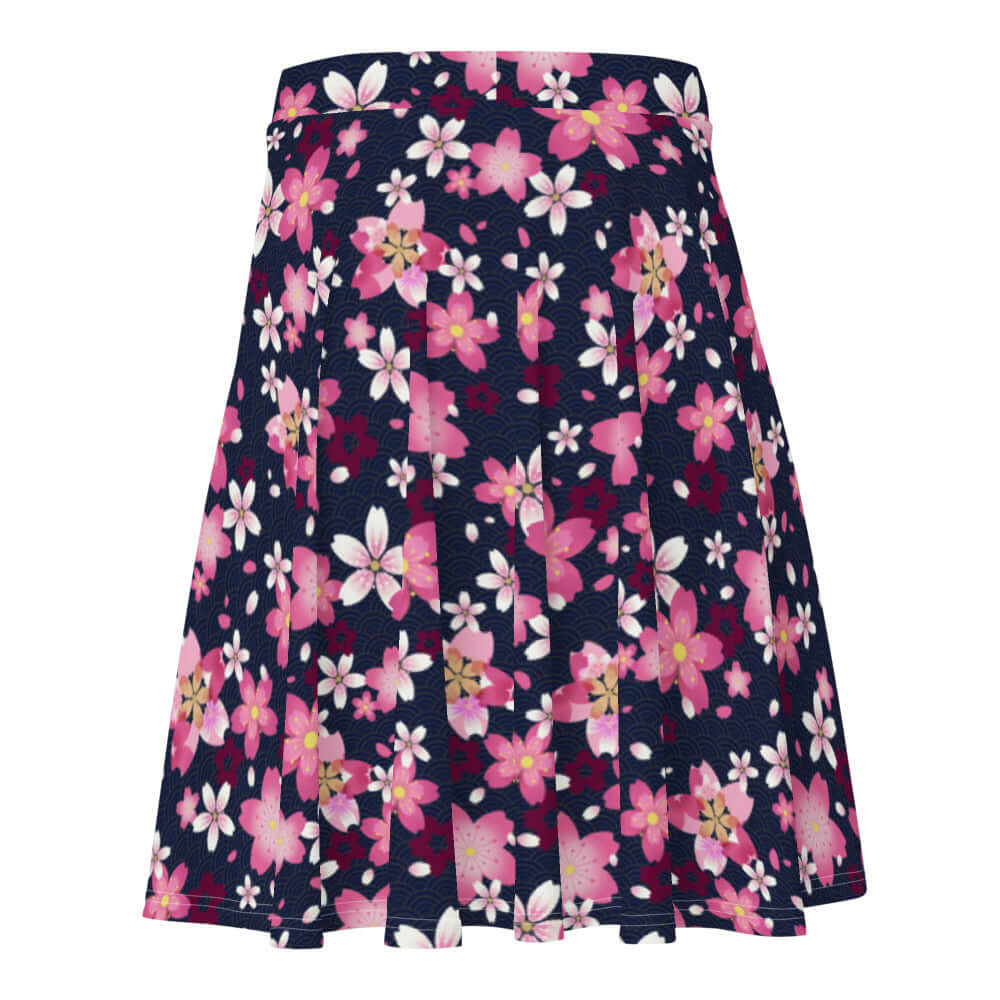 Floral Sakura Skater Skirt in navy with pink blossoms, perfect for sunny outings and all body types.