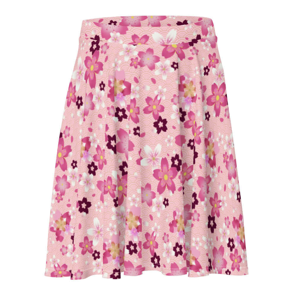 Flattering Sakura Skater Skirt in pink floral design, perfect for sunny days out at the park or strolls around town.