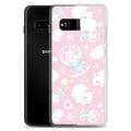 Snow Bunny Samsung® Clear Case showcases cute bunnies on a pastel pink background, perfect for stylish protection.