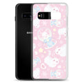 Snow Kitten Samsung® Clear Case features adorable kittens on a pastel pink background, perfect for any outfit.