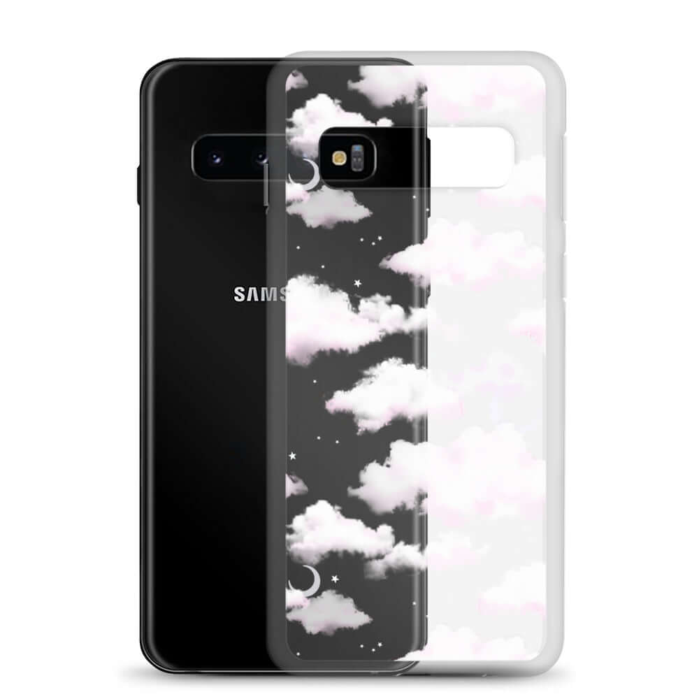 Sleek Cloudy Sky Samsung® Clear Case showcasing dreamy cloud designs, perfect for protecting your phone in style.