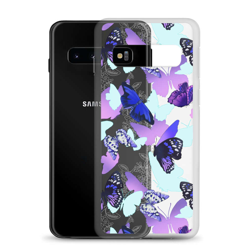 Colorful Butterfly Samsung® Clear Case showcasing vibrant butterfly prints, perfect for a stylish phone accessory.