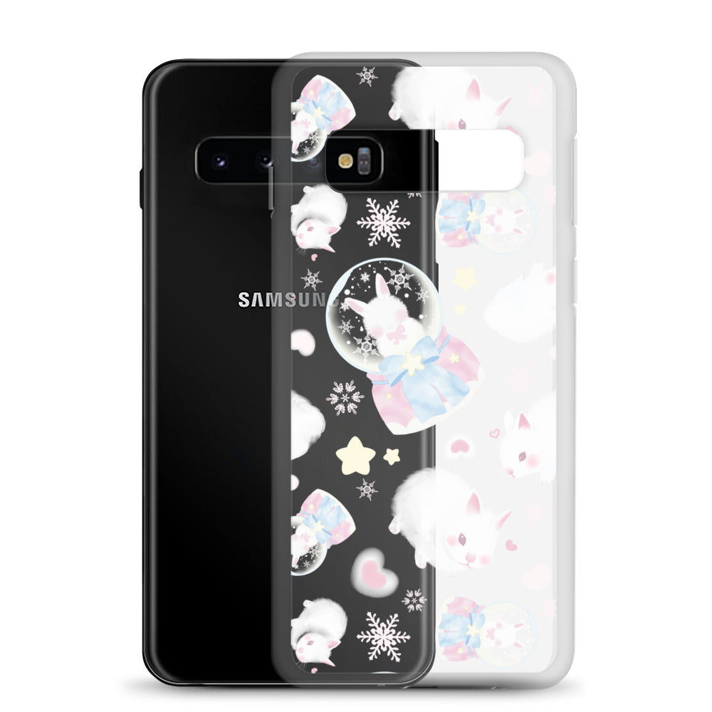 Cute Snow Bunny Samsung® Clear Case showcasing adorable bunnies, perfect for a pastel outfit or everyday use!
