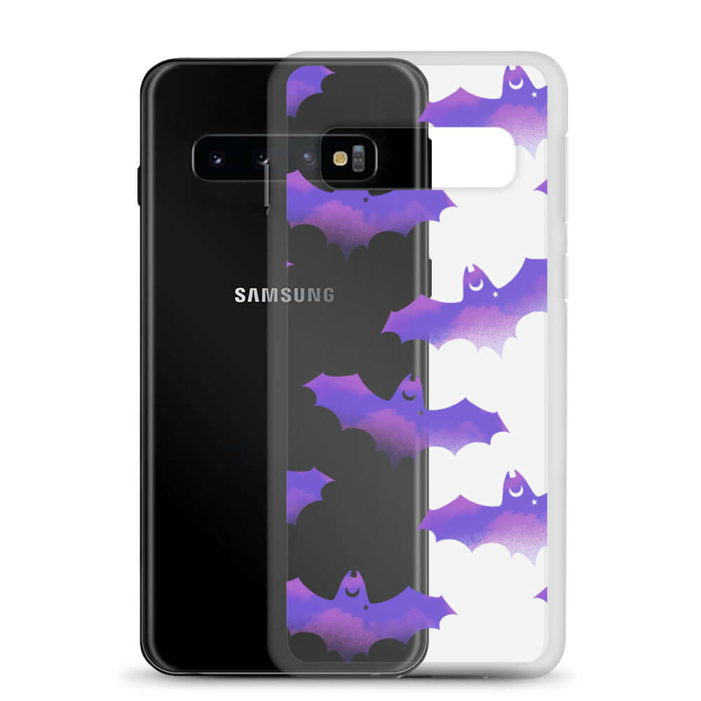 Stylish Morrigan Samsung® Clear Case featuring playful bats, offering protection from scratches and dirt. Perfect for any occasion!