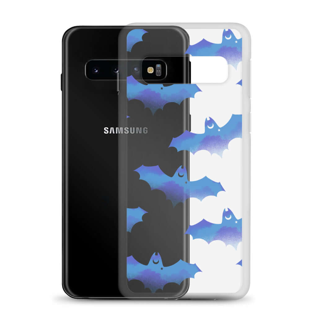 Stylish Lilith Samsung® Clear Case featuring playful bats, perfect for protecting your phone in any weather.