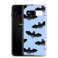 Stylish Lilith Samsung® Clear Case featuring playful bats against a blue background, perfect for protection and flair.