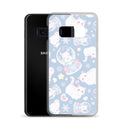 Showcasing the Snow Kitten Samsung® Clear Case, featuring adorable kittens on a pastel blue background.