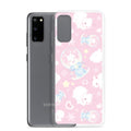 Cute Snow Bunny Samsung® Clear Case featuring playful bunnies on a pastel pink background, perfect for any stylish look.