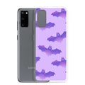 Morrigan Samsung® Clear Case featuring playful bats against a purple background, perfect for sunny day protection.