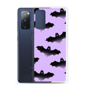 Morrigan Samsung® Clear Case features playful bats on a purple background, perfect for style and protection.