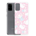 Cute Snow Kitten Samsung® Clear Case features playful kittens on a pastel pink background, adding charm to your phone.