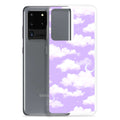 Showcasing the Cloudy Sky Samsung® Clear Case with a dreamy purple cloud design, perfect for stylish phone protection.