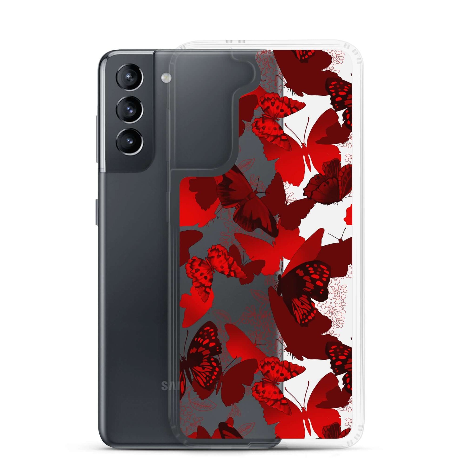 Butterfly Samsung® Clear Case showcases vibrant red butterflies, blending style and protection for your Samsung Galaxy S21.